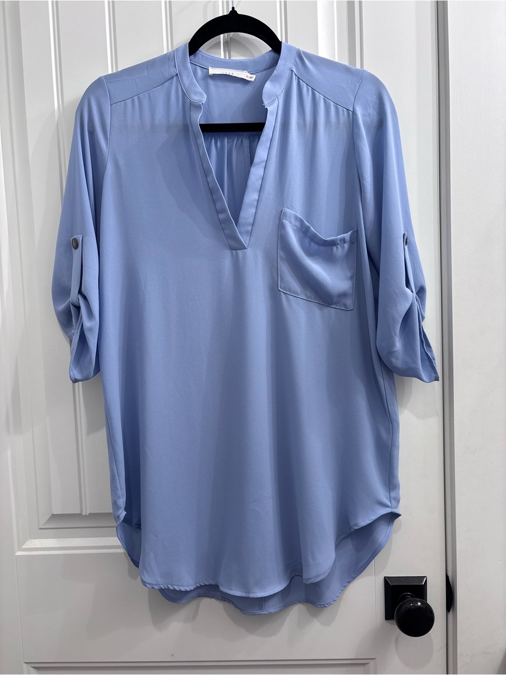 Lush Light Blue Split-Neck Roll-Tab Sleeve Blouse
